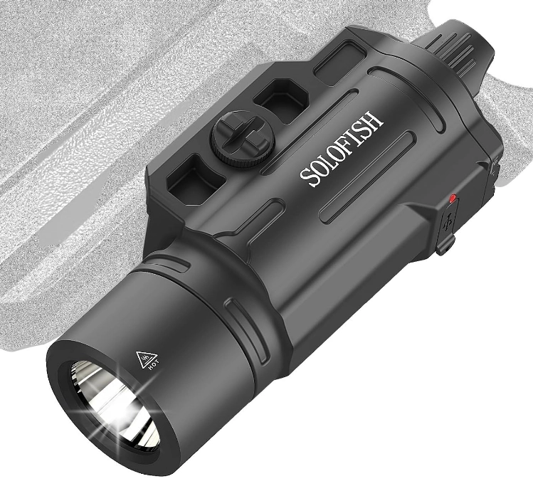 Solofish 1500-lumen slidable pistol light mounted on a Picatinny rail handgun