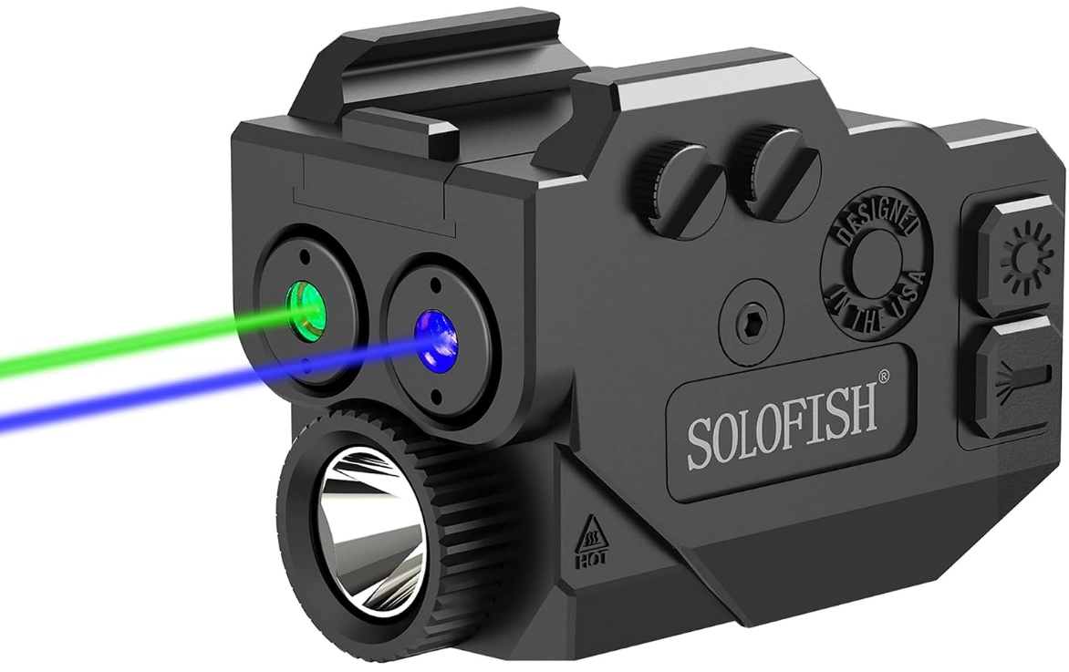 Solofish 500-lumen compact pistol light with dual blue and green laser beams